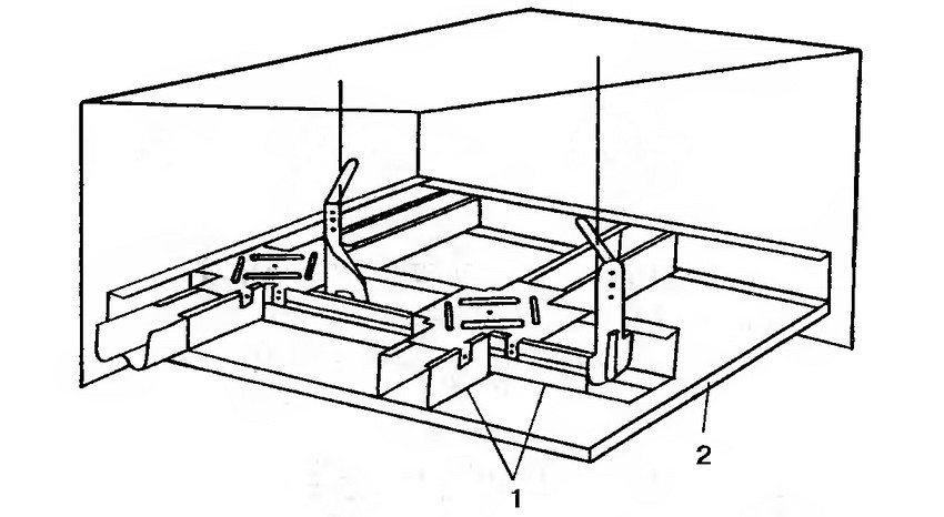 Подвесной потолок на одноуровневом металлическом каркасе: 1 - одноуровневый каркас; 2 - гипсокартонный лист