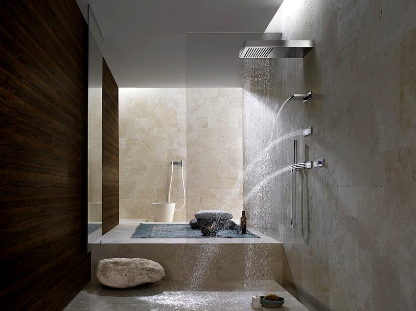 Смеситель для ванной с лейкой «тропический душ» может быть с керамическим или шариковым картриджем, с изливом и термостатом 