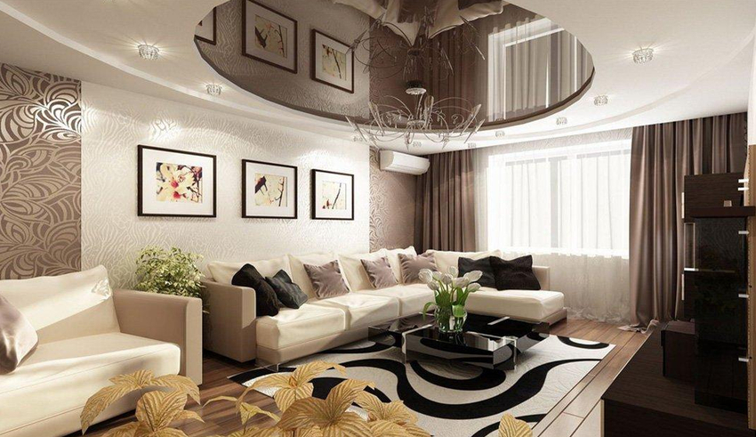Тандем белого и коричневого цвета в оформлении потолка отличается гармоничностью и привлекательностью