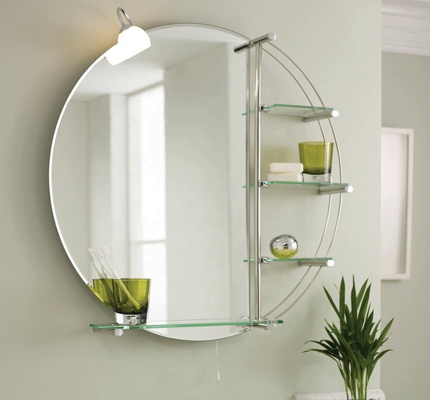 Круглое зеркало с подсветкой и полочками для хранения вещей